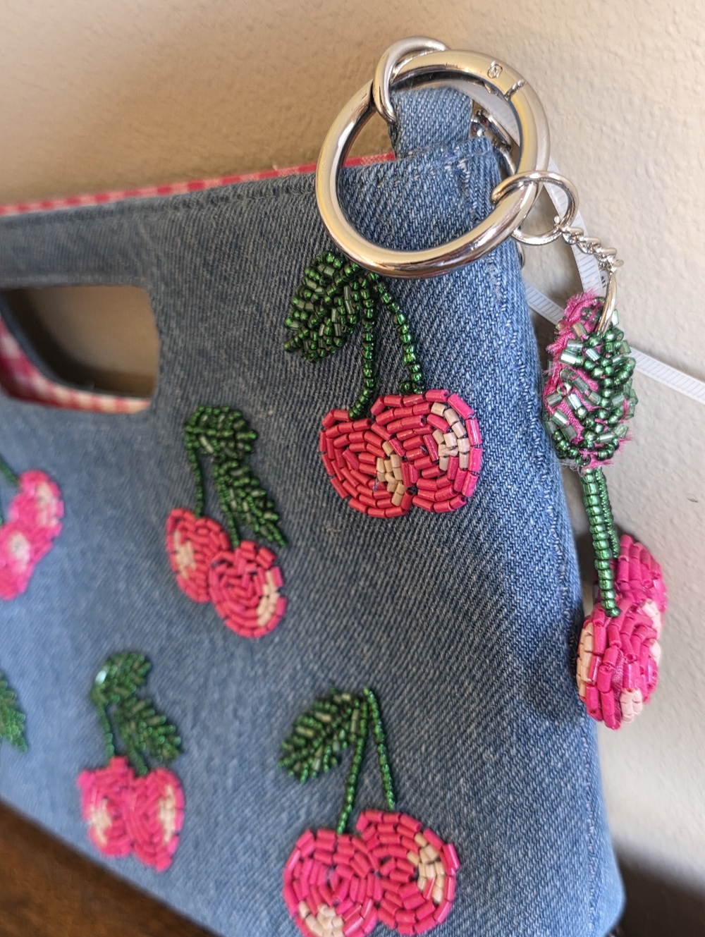 HANDMADE IN INDIA BLUE DENIM BEADED CLUTCH BAG W/ BAG CHARM *CHERRIES* NEW - Picture 12 of 16